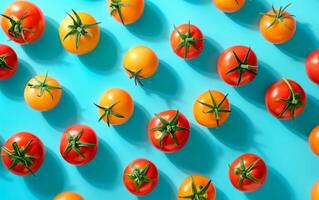 Flat lay composition with ripe tomatoes over blue background. Pattern texture wallpaper. photo