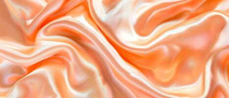 Close up of peach silk satin shiny fabric texture as background. Peach fuzz color on silky cloth curtain texture. photo