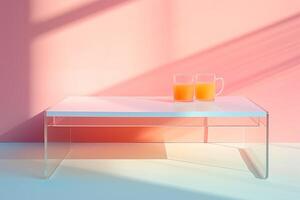 transparent plastic coffee table, minimal empty colorful space and clean, beautiful lighting and shadow. orange juice photo