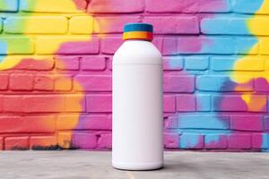 plastic bottle on colorful block background realistic mockup. Liquid product packaging mock-up photo