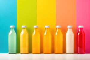 Green, yellow, orange and red smoothie in glass bottles. Set of seven bottle. colorful and Healthy. photo