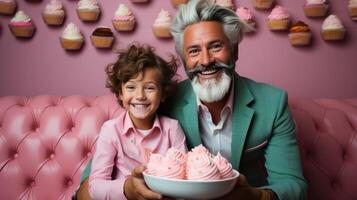 Father and cute little daugter enjoying time together in cafe eating desserts. Happy Birthday party. Happy Father's day photo