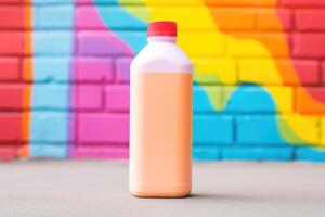 plastic bottle on colorful block background realistic mockup. Liquid product packaging mock-up photo