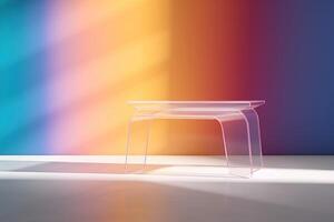 transparent plastic coffee table, minimal empty colorful space and clean, beautiful lighting and shadow. photo