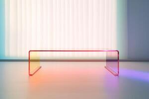 transparent plastic coffee table, minimal empty colorful space and clean, beautiful lighting and shadow. photo