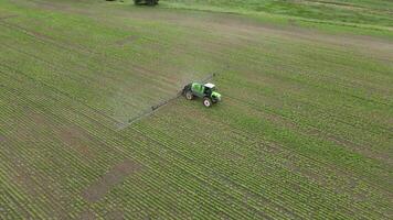 Aerial view tractor that irrigates sugar beet crops green field at rainy day video