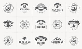 Camping logos and badges templates design elements and silhouettes set vector