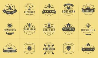 Camping logos and badges templates design elements and silhouettes set vector