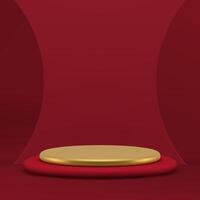 Red luxury 3d golden cylinder podium pedestal for fashion product presentation realistic vector