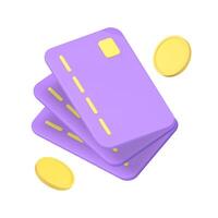 Credit debit card stack with golden coin money financial banking exchange 3d icon realistic vector