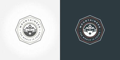 Mountain camping logo emblem outdoor landscape illustration rock hills silhouette for shirt or print stamp vector
