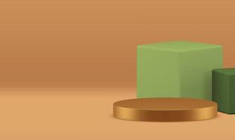 3d golden cylinder podium pedestal with green cubes showroom realistic illustration vector