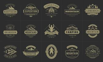 Camping logos and badges templates design elements and silhouettes set vector