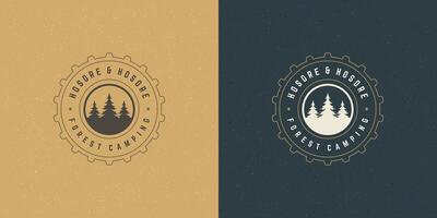 Forest camping logo emblem outdoor adventure illustration pine trees silhouette vector