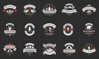 Camping logos and badges templates design elements and silhouettes set vector