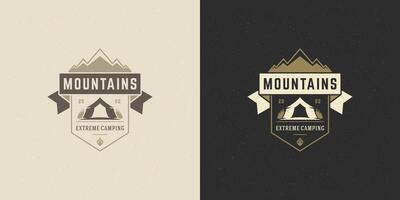 Mountains logo emblem outdoor adventure camping illustration mountain and tent silhouettes vector