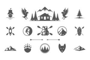 Camping and outdoor adventures design elements and icons set illustration. vector