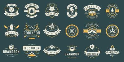 Camping labels and badges templates design elements and silhouettes set vector