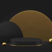 Black cylinder 3d podium pedestal with golden semi circle wall background realistic vector