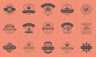 Camping logos and badges templates design elements and silhouettes set vector