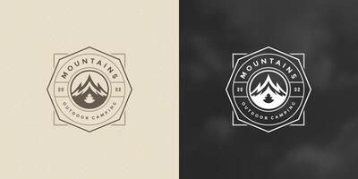 Mountain camping logo emblem outdoor landscape illustration rock hills silhouette for shirt or print stamp vector