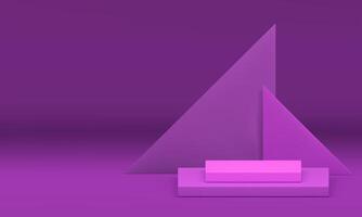 Purple 3d podium pedestal with triangle geometric wall background realistic illustration vector