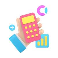 Financial analyzing business man hand holding calculator with chart diagram 3d icon realistic vector