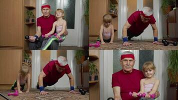 Active grandfather senior man with child girl doing fitness weight lifting exercises with dumbbells video