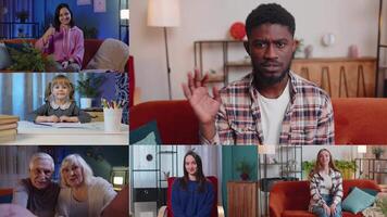 Multi-screen portrait of happy people making online conference call with friends, waving hello video