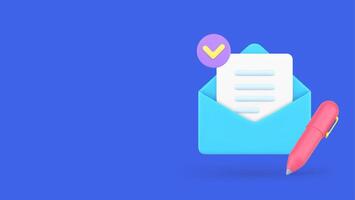 Letter writing in open envelope pen document success send postal mail delivery 3d icon vector