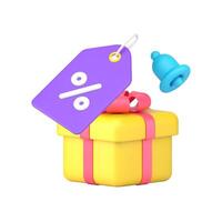 Shopping sale discount reminder with gift box percent tag ring bell 3d icon realistic vector