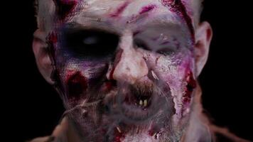 olycksbådande man med fruktansvärd skrämmande halloween zombie smink i kramper framställning ansikten påfrestande till skrämma video