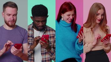 Multi-screen vertical portrait shot of happy excited winners men and women use mobile cell phone video