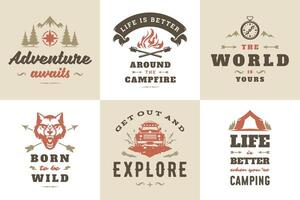 Camping and outdoor adventure quotes and sayings typography set illustration vector