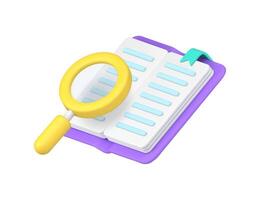 Open book reading with magnifying glass education knowledge learning 3d icon realistic vector