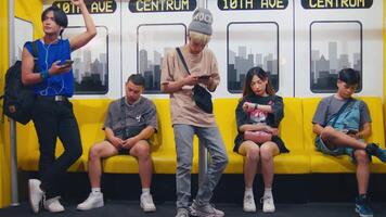 Passengers with diverse expressions riding in a modern subway car, with yellow seats and urban background. video