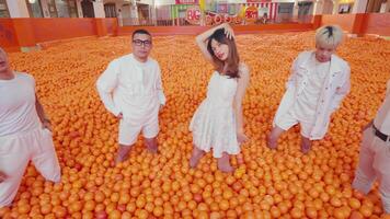 grupo de joven personas en un habitación lleno con naranjas, expresando diferente emociones video