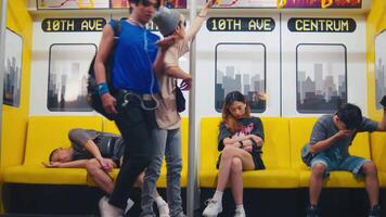 Young diverse passengers riding in a colorful subway car, with urban artwork in the background. video