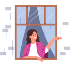 premier l'automne pluie apporte joie à femme à la recherche en dehors de appartement fenêtre et contagieux gouttes avec sourire. content fille profiter vue de rue pendant pluie, permanent avec couverture sur épaules dans confortable Accueil png