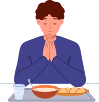 Man prays sitting at table with food, observing christian tradition and expressing gratitude to god. Guy prays with eyes closed and palms folded in front of chest, rejoicing at having money for food png