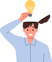 Man learns about innovative idea puts light bulb inside head to improve own creative thinking. Brilliant idea from business guy came up with new invention during brainstorming session png