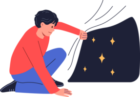 Man looks at starry sky hidden under fabric, experiencing curiosity at sight of unknown starry space. Concept of searching for latent or non-obvious opportunities and ways to achieve your goals png