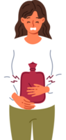 Suffering sick woman uses rubber heating pad to relieve abdominal pain caused by menstrual cycles. Sick girl needs doctors help or medicine to treat problems with digestive system. png