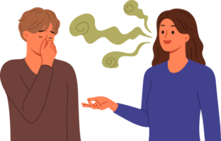 Stinky breath woman with bad teeth or caries irritates guy covering nose and making dissatisfied grimace. Stinky breath problem in person who does not follow hygiene rules and avoids visiting dentist png