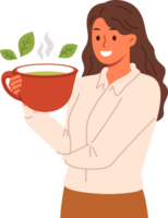 Woman drinks green loose leaf tea from large mug, enjoying bite of hot, soothing drink. Ceylon aromatic tea with mint and herbs in hand of business lady taking break while working or studying png