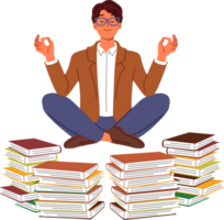 Man does yoga and meditation, taking break from reading books, levitating in lotus position to restore energy. Guy will become interested in yoga practices that help maintain good mental health png