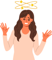 Woman feels dizzy caused by hangover or intracranial pressure, stands with stars above head. Problem of dizzy or dizziness in girl experiencing problems with well-being and health. png