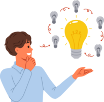 Man comes up with innovative idea, allows to get investments on crowdfunding platform, standing near light bulbs. Concept development and evolution of ideas to obtain ideal option. png