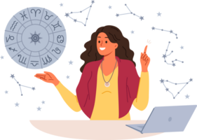 Woman astrologer tells fortunes by horoscope and predicts future by stars, standing near table with laptop. Girl astrologer points up, offering to read gorsk, standing near wheel with zodiac signs png