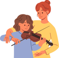 Learning to play violin for teenage girl, from professional teacher who helps to hold bow correctly. Caring mother teaches daughter to perform music on violin, practicing before concert with audience png